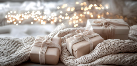 Creative template concept. Elegant wrapped gifts presents bow on wool cashmere blanket on cozy warm soft lighting with bokeh background . Mock up presentation. copy text space.の写真素材