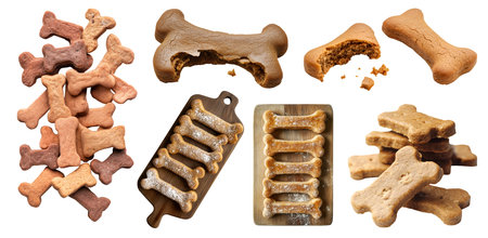Collection of Bone shaped dog treats pet food biscuits, many angles view stack heap pile, wooden serve board, broken bite bitten pieces, on cutout. Mockup templateの写真素材