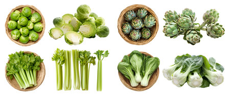 Collection of 4 vegetable fruit plant in pile group basket set. Artichoke, Bok choy, pak choi, pok choi, Brussels Sprouts, Celery celeries on cutout. Mockup templateの写真素材