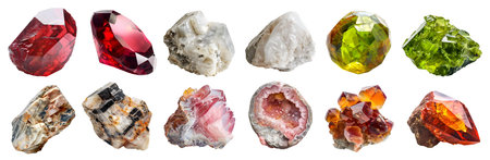 Collection set of gemstone mineral rocks crystal semi-precious stones, cutout. Humite, feldspar, Hurlbutite, Garnet, Grossular, Hureaulite. Many style. Mockup templateの写真素材