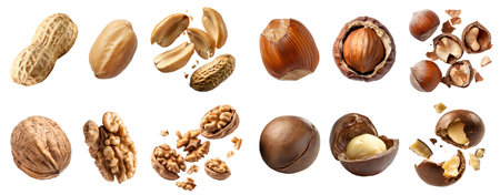 Collection of 4 nut seed fruit kernel, Peanut groundnut, Hazelnut cobnuts filberts, Walnut, Macadamia in whole stack scattered pieces on cutout. Mockup templateの写真素材