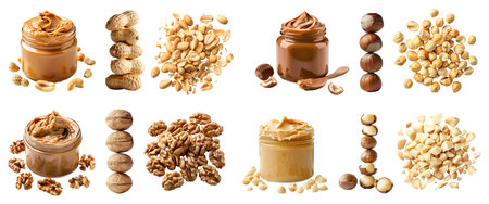 Collection of 4 nut seed fruit kernel, Peanut groundnut, Hazelnut cobnuts filberts, Walnut, Macadamia in jar Butter spread pile stack group on cutout. Mockup templateの写真素材