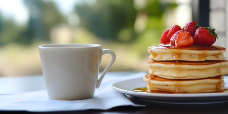 Creative food template. Honey maple syrup over stack of strawberry fruit pancake hot cakes, mug glass coffee with blurred background outdoor window greenery. copy text spaceの写真素材