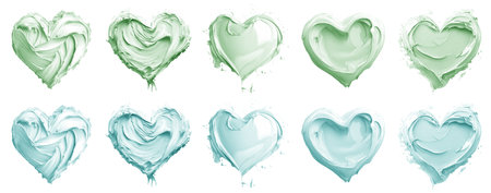 2 Collection of pastel light turquoise blue green, love heart shape blob paint ink liquid smear smudge swatch cream gel wax on cutout. Many different design. Mockupの写真素材