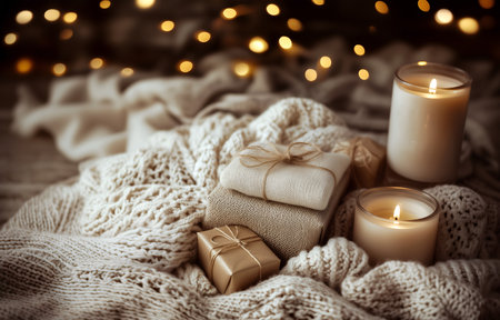 Creative template concept. Elegant wrapped gifts presents bow and burning candles on wool cashmere blanket on warm soft lighting bokeh background . Mock up presentation. copy textの写真素材