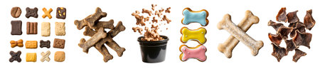 Collection of Bone shaped dog treats pet food biscuits, many angles view stack heap pile, colourful, bowl, fly scattered drop, on cutout. Mockup template for artworkの写真素材