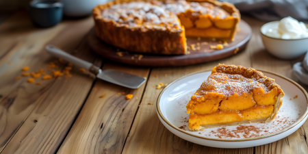 Creative food concept. Slice of tradition Sweet Potato pumpkin pie tart pastry with serving knife on wooden warm background. copy text spaceの写真素材