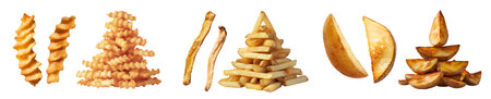 Collection of 3 potato fry chips, Potato wedges, french fries, Crinkle cut wavy in whole stack pile on background cutout. Mockup template for artwork designの写真素材