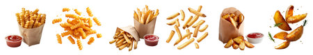 Collection of 3 potato fry chips, Potato wedges, french fries, Crinkle cut wavy in stack pile, packet paper wrap ketchup, fly scattered on cutout. Mockup templateの写真素材