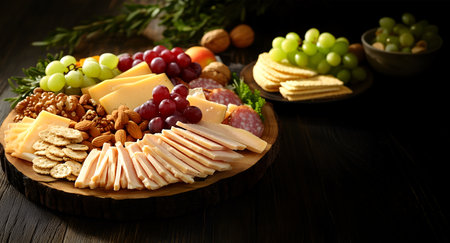 Creative food template. A charcuterie French cuisine rustic round wooden board with grapes, cheddar brie cheese, salami meat, cracker, almond walnut nuts on dark background.の写真素材