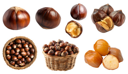Chestnut chestnuts nut seed kernel, many angles and view side top pile stack, basket, with husk shell, unshelled, isolated on cutout. Mockup template for designの写真素材