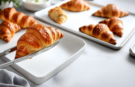 Creative food concept. Pair of silver tong picking up golden flaky croissant from a tray row in bakery cafe shop marble table with bright sunlight shining. copy text space.の写真素材