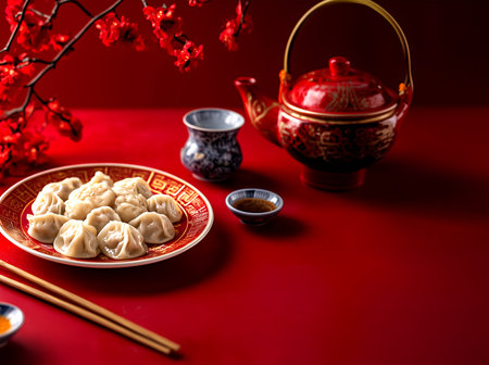 Creative food holiday concept. Pair of chopstick with a plate of stuffed meat dumpling, oriental teapot and teacup with blurred red flowers chinese new year background. copy text sの写真素材