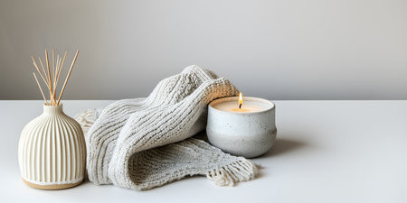 Creative template concept. Incense sticks pottery potter with burning candle and wool cashmere blanket on cozy warm soft grey background . Mock up presentation. copy text space. loの写真素材