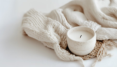 Creative template concept. Pottery potter with candle and wool cashmere blanket on cozy warm soft grey background. Mock up presentation. copy text space. long banner wallpaperの写真素材