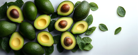 Creative food concept. Avocado fruit whole and slice, halved with seed surrounded with green leaf leaves on white background. copy text space. long banner wallpaperの写真素材