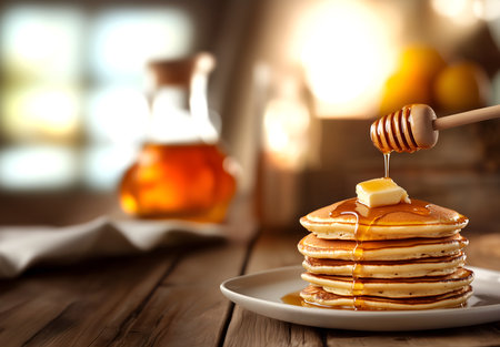 Creative food template. Stack of pancake with butter melting and honey drizzled from a wooden dipper, pastry dessert breakfast on rustic wooden table with soft morning light. copyの写真素材