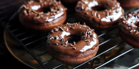 Creative food concept. Row of Chocolate cake doughnut donut with cocoa glaze flake crumble on cooling baking rack on dark background. Copy text spaceの写真素材