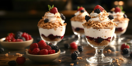 Creative food concept. Berry creamy Cheesecake Parfaits Layer with crushed crackers, no-bake dessert in glass cup topped with mint leaves and raspberry, strawberry blackberries. Coの写真素材
