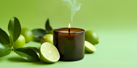 Creative lifestyle concept. Soy wax burning candle wick in brown glass jar with smoke, surrounded with limes leaf leaves on calm green background, banner wallpaper, copy text spaceの写真素材