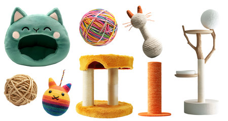Collection set of scratch post, climbing tree playhouse, bed, individual pet accessories for animal cat kitten on transparent cutout PNG. Many different play ball wand toy. Mockupの写真素材