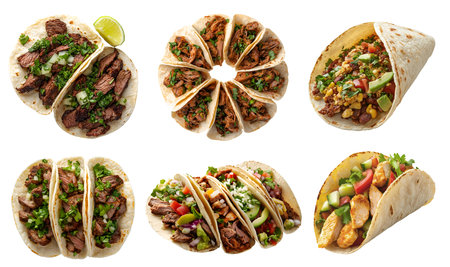Collection of Mexican soft hard shell tacos tortilla, with different ingredients fish guacamole beef cheese chicken seafood on transparent background cutout PNG. Mockup template foの写真素材