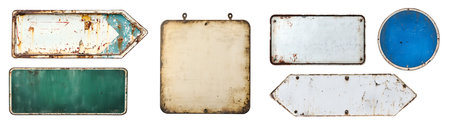 Set collection of rustic worn weathered street sign signage on background cutout file. Many different assorted style. Mockup template for designの写真素材