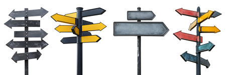 Set collection of rustic metal steel arrow point direction street sign signpost signage on background cutout file. Many different assorted style. Mockup templateの写真素材