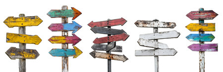 Set collection of rustic worn wood wooden arrow point direction street sign signpost signage on background cutout file. Many different assorted style. Mockup templateの写真素材