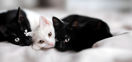Creative animal template. Three furry black white cat kitty kitten with stunning big eyes curl together lying on white blanket sheet on looking on. copy text space. long banner walの写真素材