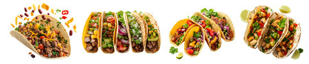 Collection of Mexican soft hard shell tacos tortilla, with different ingredients salsa guacamole beef cheese chicken seafood on background cutout. Mockup templateの写真素材