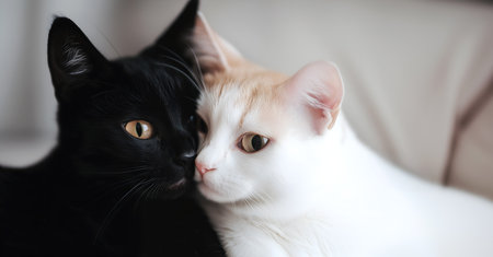 Creative animal template. Pair of furry black white cat kitty kitten with stunning big eyes cuddle together on white blanket sheet looking on. copy text space. long banner wallpapeの写真素材