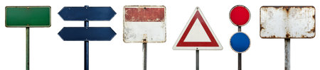 Set collection of rustic weathered metal steel street sign pole signpost signage on background cutout file. Many different assorted style. Mockup templateの写真素材