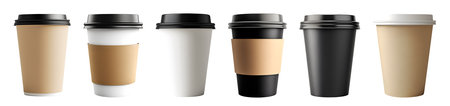 Collection set of disposable takeaway recyclable paper craft cup with cover lid, sleeve on background cutout file. Many different style template. Mockup templateの写真素材