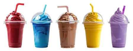 Milkshake Smoothie Ice Blended in dome lid plastic disposable transparent cup on background cutout file. Many assorted different flavour Mockup template for designの写真素材