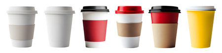 Collection set of disposable takeaway recyclable paper craft cup with cover lid, sleeve on background cutout file. Many different style template. Mockup templateの写真素材
