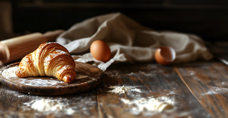 Creative food concept. Golden flaky croissant on wooden dish with scattered flour with baking material, rolling pin, eggs, table cloth on rustic table. copy text spaceの写真素材