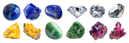 Collection set of gemstone mineral rocks crystal semi-precious stones on cutout. Lapis Lazuli, jadeite, Legrandite, KaÌmmererite. Many style. Mockup templateの写真素材