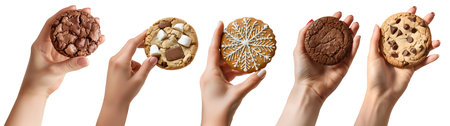 Collection of hand holding large round cookie cookies biscuit, chocolate chip, S'more, icing, choco set on cutout. Many different flavour. Mockup template for desiの写真素材