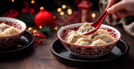 Creative food holiday concept. An oriental bowl of stuffed xiaolongbao tangbao wonton dumpling and spoon with blurred chinese red flowers lantern deco chinese new year background.の写真素材