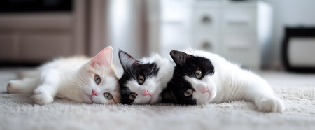 Creative animal template. Three furry black white cat kitty kitten with stunning big eyes curl together lying on white rug carpet in a room on looking on. copy text space. long banの写真素材