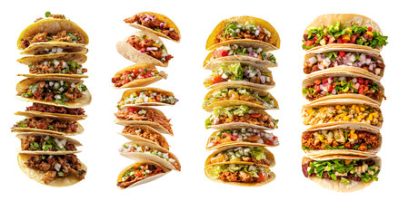 Collection of stack of Mexican hard soft shell tacos tortilla, with different ingredients salsa beef cheese chicken seafood on background cutout. Mockup templateの写真素材