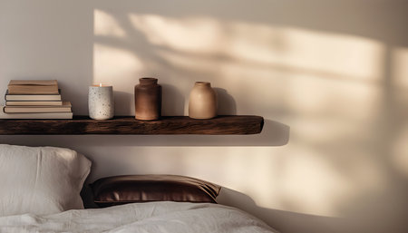Creative template concept. Long dark rustic wood shelf table background with books, ceramic vase above sofa bed with pillow cushion and soft sunset light shining. Mock up presentatの写真素材