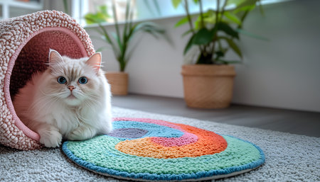 Creative animal concept. Cute white furry cat kitty kitten with blue eyes in scratch bed looking with pastel colourful rug carpet walkway surrounding. copy text spaceの写真素材