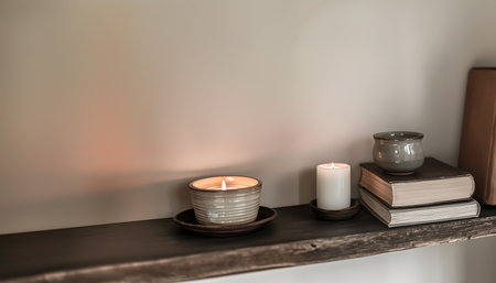Creative template concept. Long dark rustic wood shelf table background with books, ceramic vase, burning candles and soft light shining. Mock up presentation. copy text spaceの写真素材