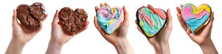Collection of hand holding large Heart Love shape cookie cookies biscuit, chocolate chip, rainbow frosting icing set on cutout. Many different flavour. Mockup templateの写真素材