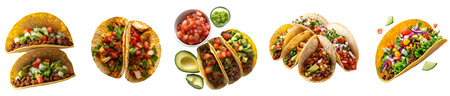 Collection of Mexican hard soft shell tacos tortilla, with different ingredients salsa guacamole beef cheese chicken seafood on background cutout. Mockup template fの写真素材