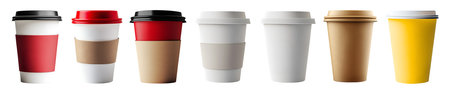 Collection set of disposable takeaway recyclable paper craft cup with cover lid, sleeve on background cutout file. Many different style template. Mockup templateの写真素材