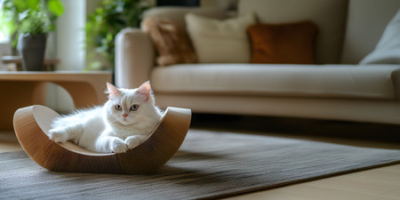 Creative animal concept. Cute white furry ragdoll cat kitty kitten with blue eyes in corrugated curved scratch bed board lying lazy in living room sofa cozy setting. copy text spacの写真素材