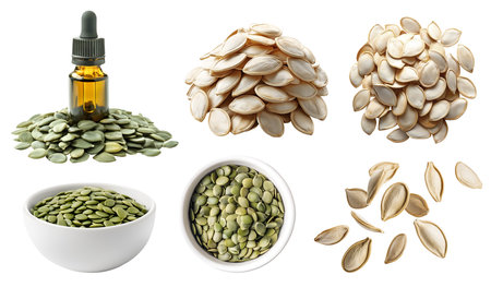 Pumpkin seeds seed nut fruit kernel, many angles view side top pile stack, fly, bowl, essential oil, husk shell unshelled, raw isolated on cutout. Mockup templateの写真素材